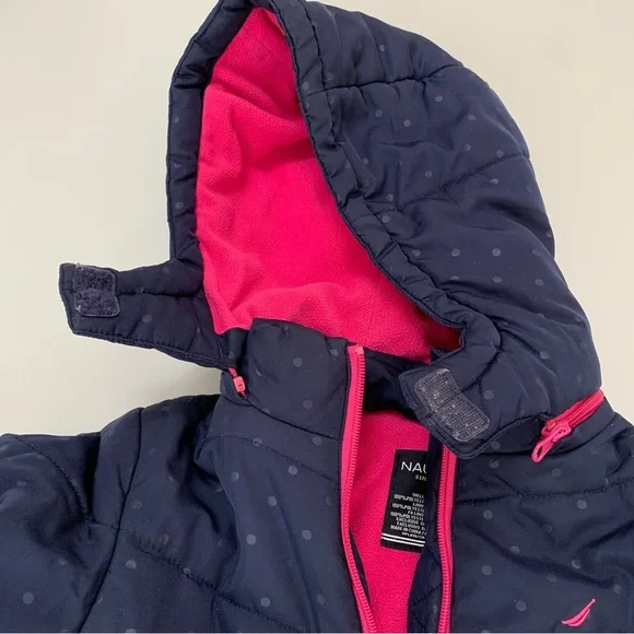 Nautica Puffer coat removable hood navy hot pink subtle polka dots pockets girls